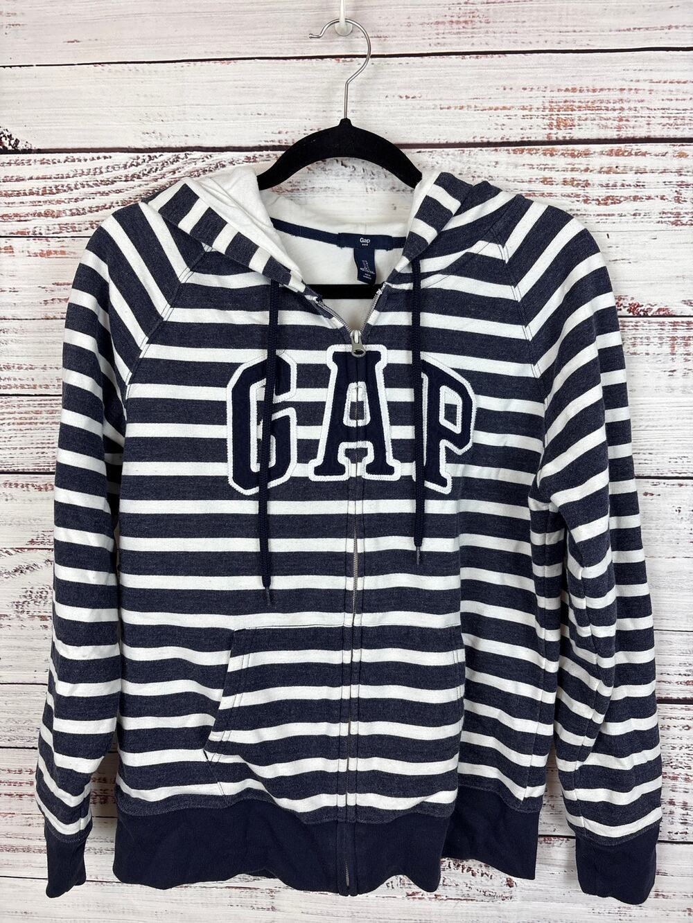 Retro 2016 GAP Navy Blue White Stripe Fitted Full Zip Hoodie Sweatshirt Womens L
